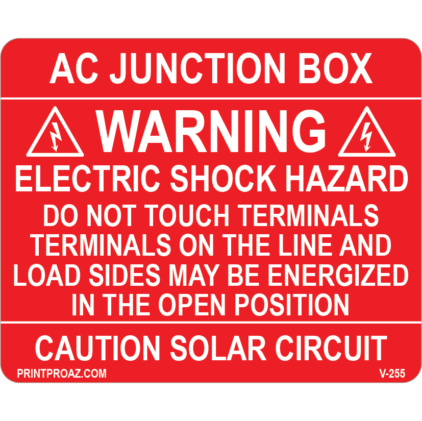 2.75x2.25 AC Junction Box, Vinyl Decal Solar Labels, V-255
