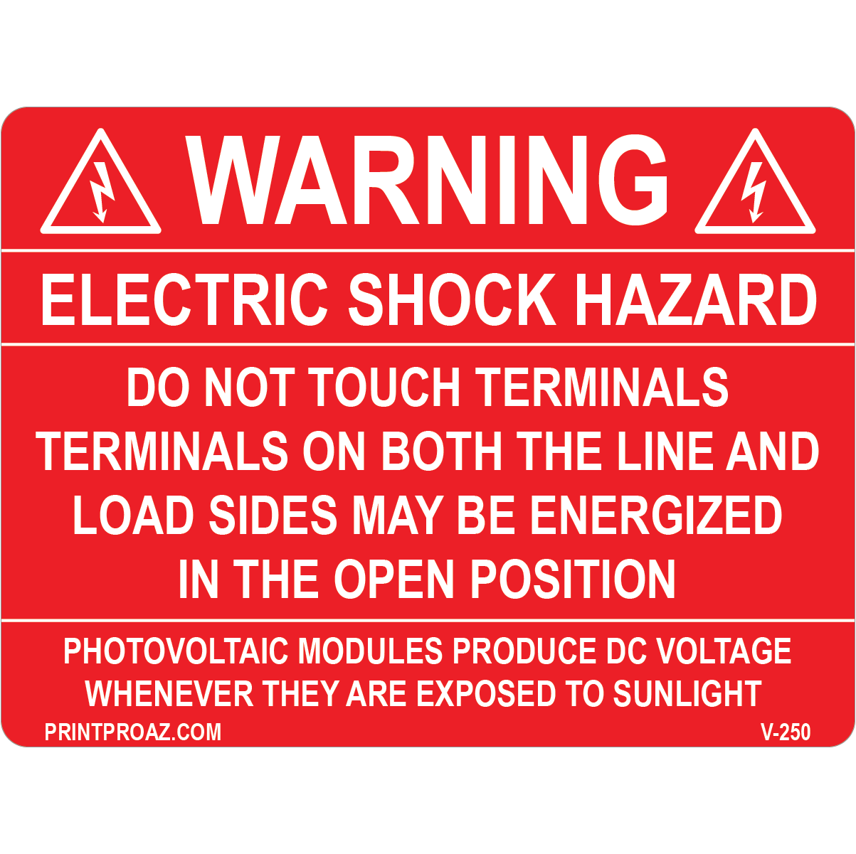 4x3 Electric Shock Hazard, Vinyl Decal Solar Labels, V-250
