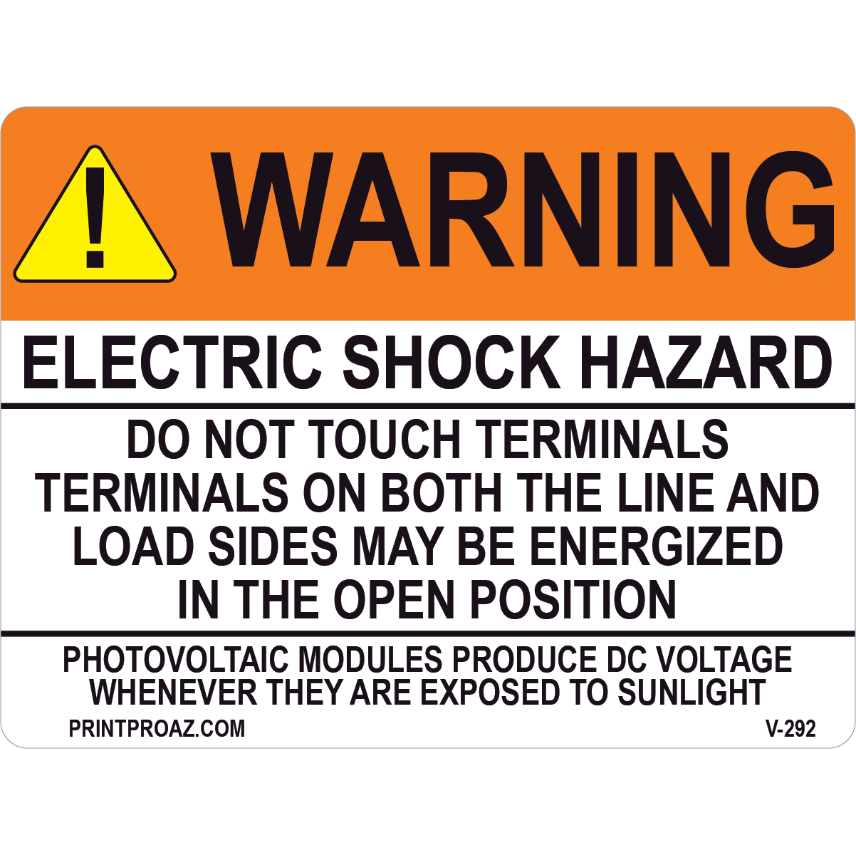 4x3 Warning Electric shock hazard, Vinyl Decal Solar Labels, V-292