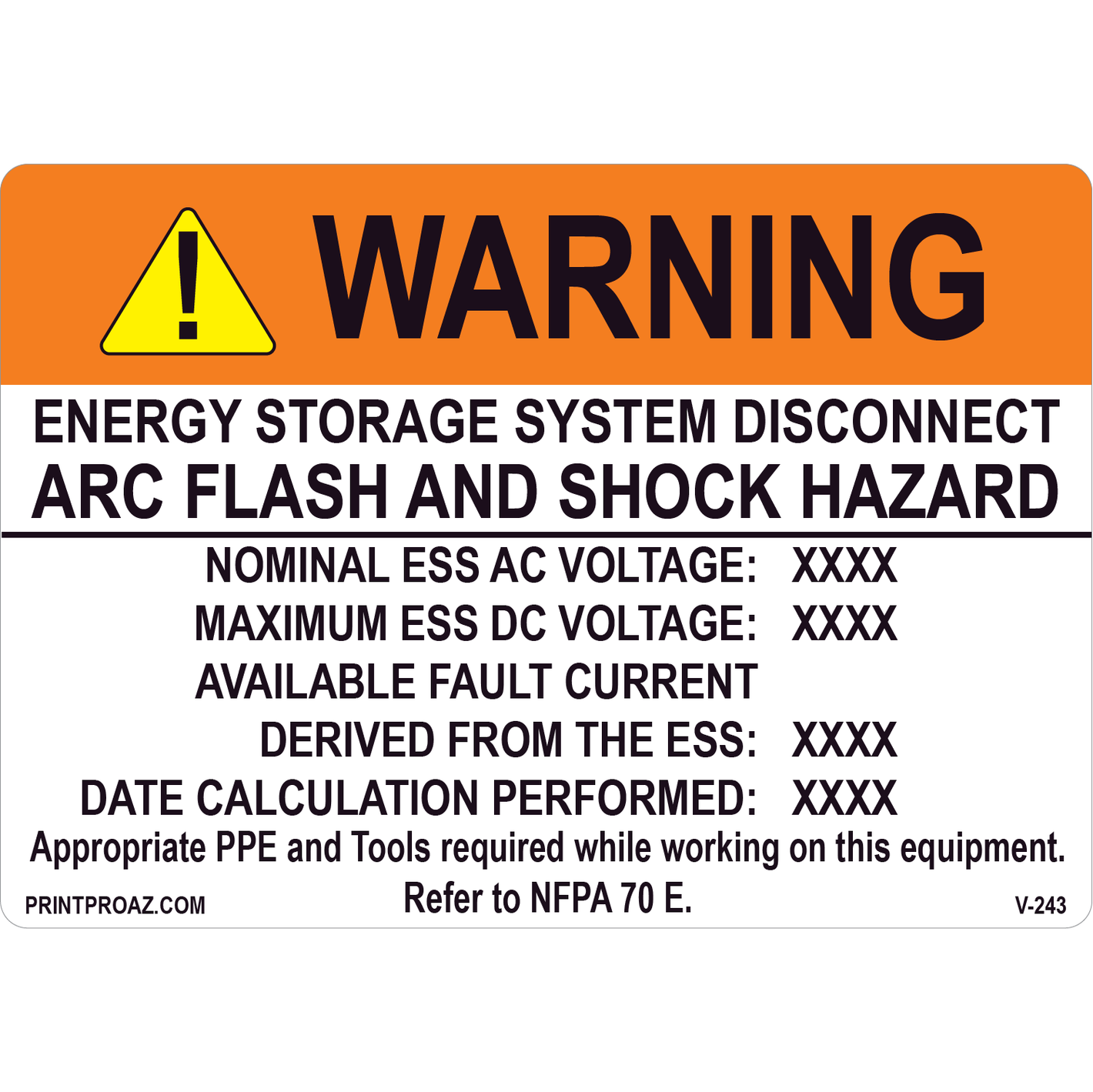 5x3.5 Warning Energy storage system, Vinyl Decal Solar Labels, V-243