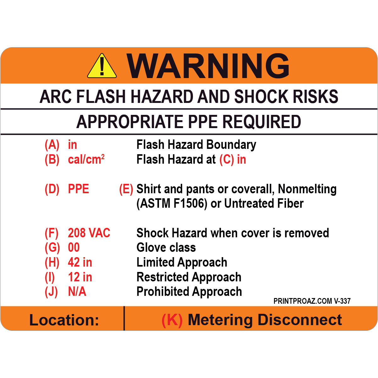 Custom Warning Arc Flash Hazard and Shock Risks Label, Vinyl Decal, V-337-339