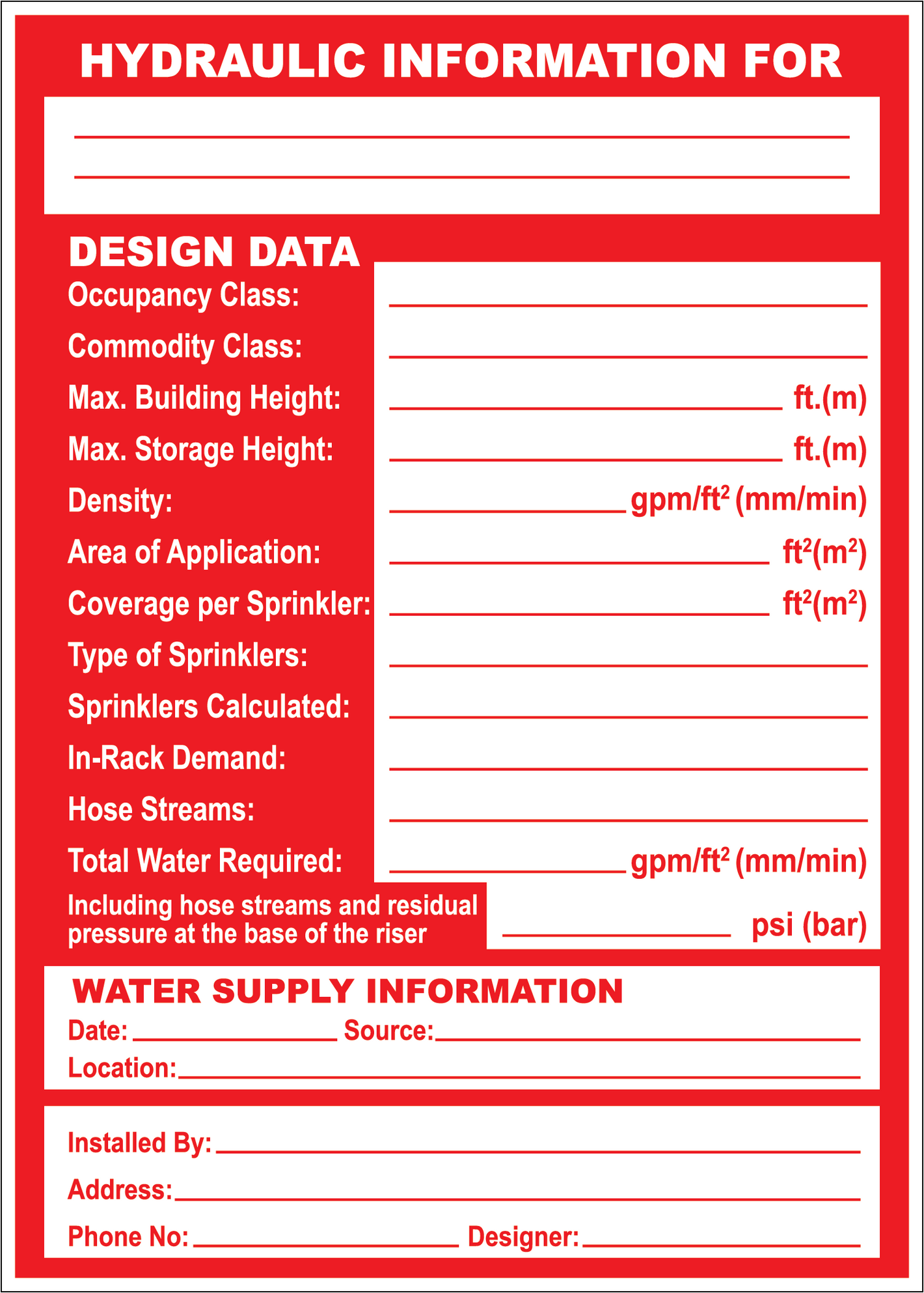 Hydraulic Information Design Data Sign, Aluminum, F-189