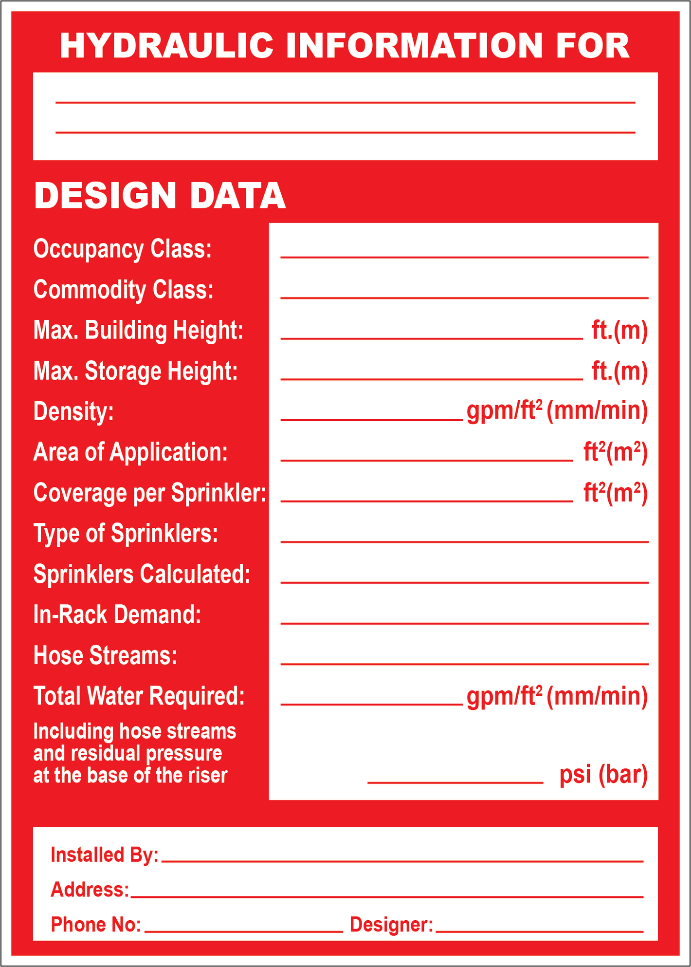 Hydraulic Information Design Data Sign, Aluminum, F-190