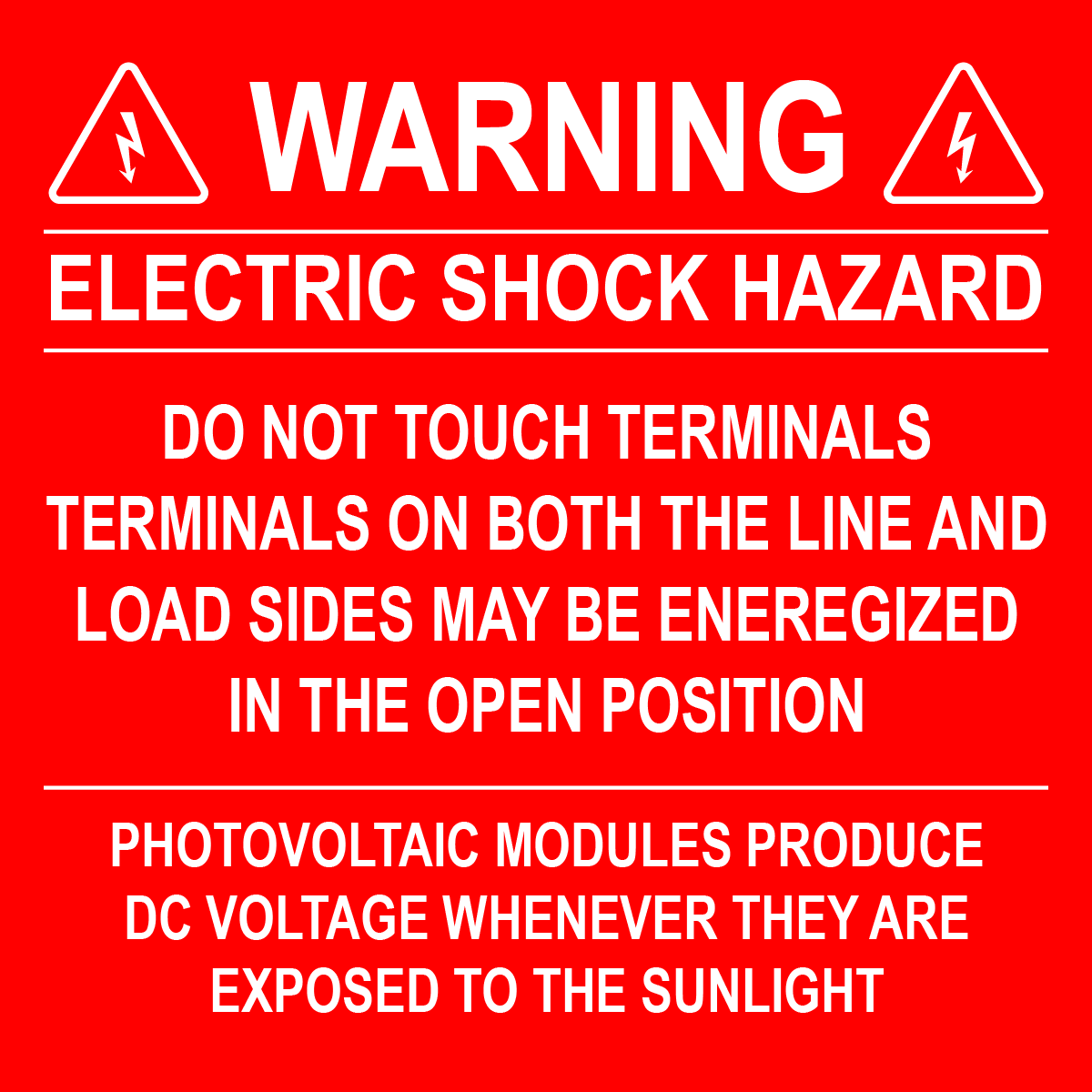 4X4, Warning Electrical Shock Hazard, Plastic Solar Labels, PV-321