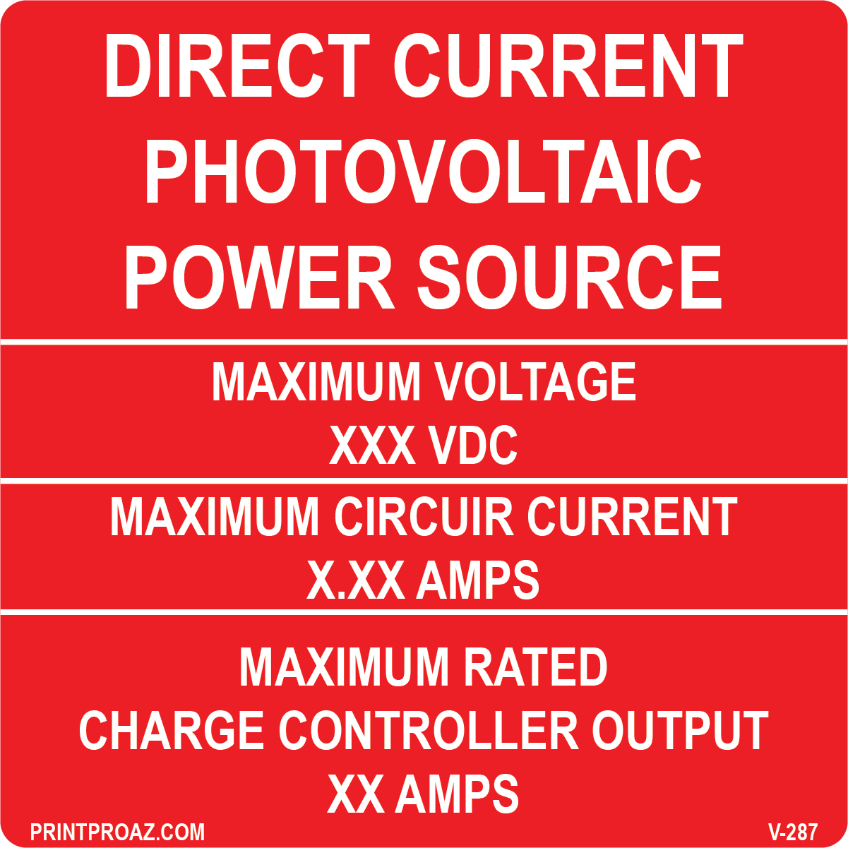 4x4 Custom Direct Current Photovoltaic Power Source, Vinyl Decal Solar Labels, V-287