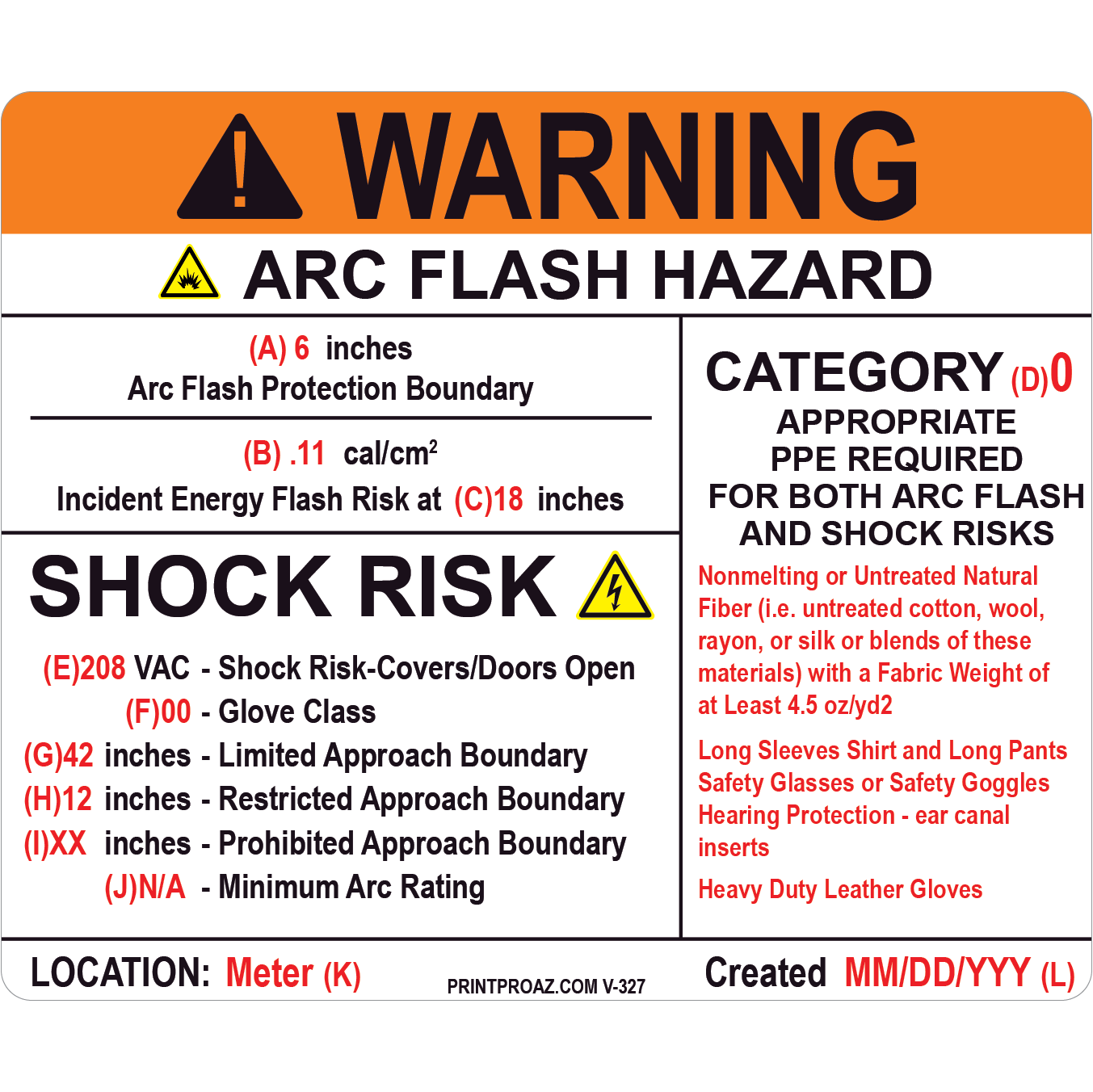 Warning Arc Flash Hazard Label, Vinyl Decal,  V-327-331
