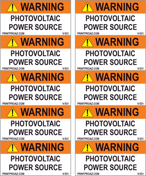 2x1, x10 Warning Photovoltaic Power Source, Vinyl Decal Solar Labels, V-531