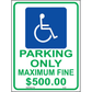 Ohio Handicap Parking Max Fine $500 Sign, Aluminum, PS-185