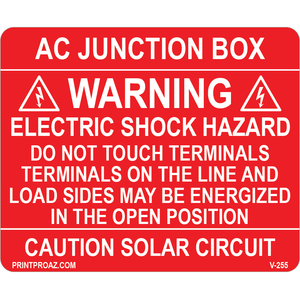 2.75x2.25 AC Junction Box, Vinyl Decal Solar Labels, V-255