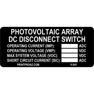 3.5x1.5 Photovoltaic Array DC Disconnect Switch, Vinyl Decal Solar Labels, V-041