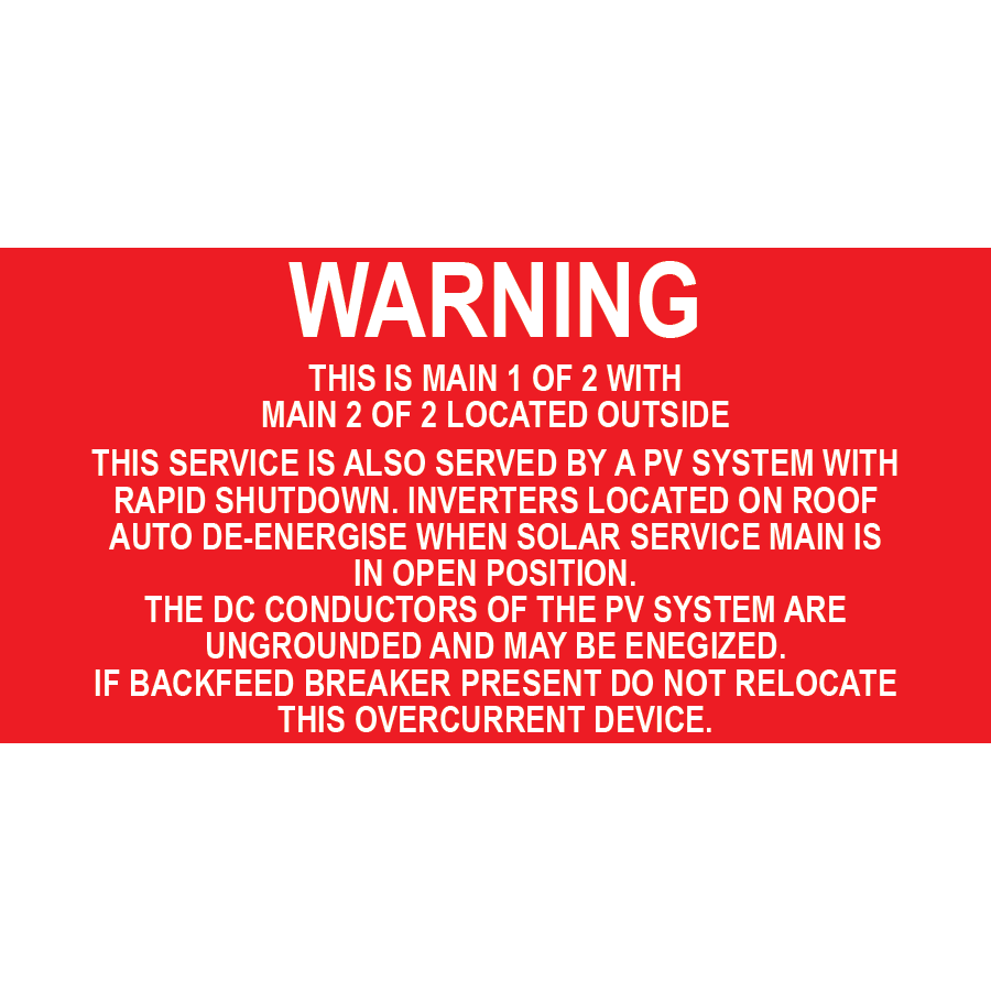 3x1.5 Warning this is main 1 of 2, Plastic Solar Labels, PV-554