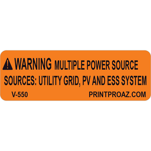 3x1 Warning Multiple Power Source, Decal Solar Labels, V-550
