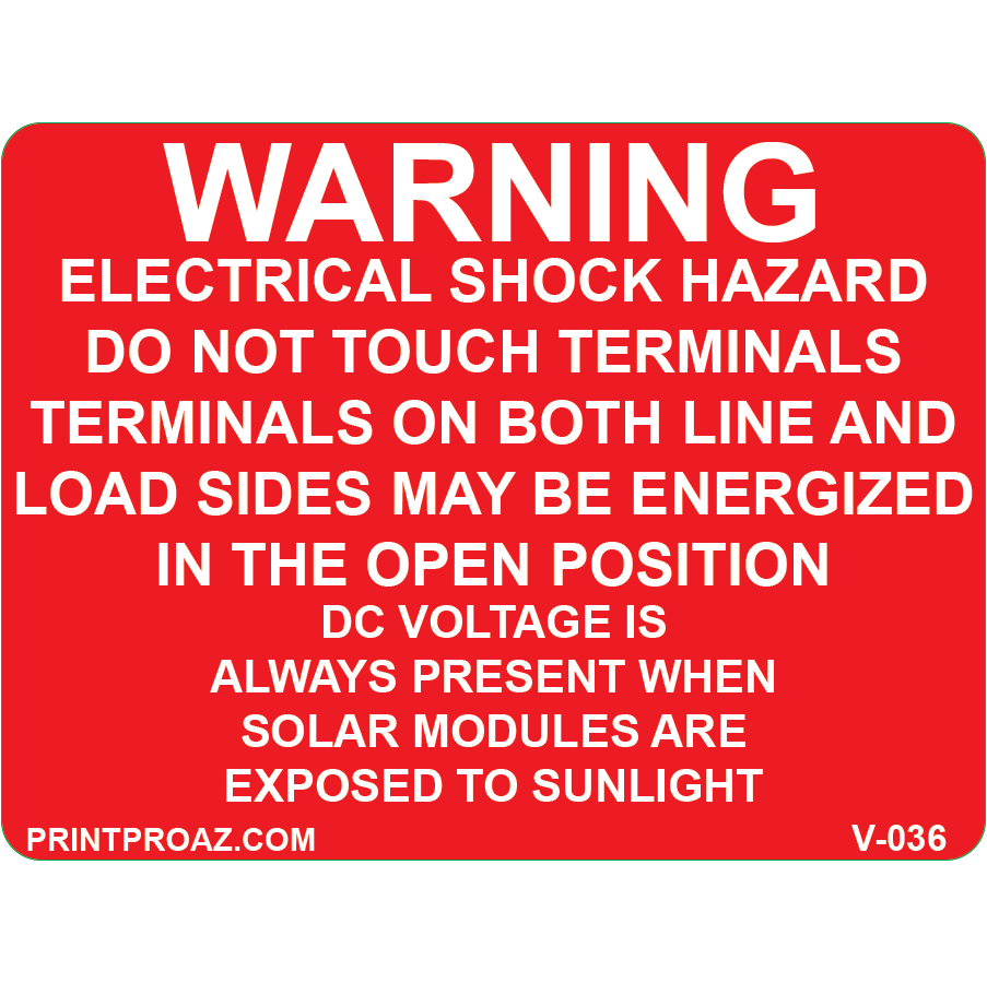 3x2.25, Warning Electrical Shock Hazard, Vinyl Decal Solar Labels, V-036
