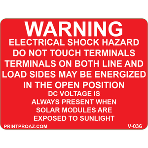 3x2.25, Warning Electrical Shock Hazard, Vinyl Decal Solar Labels, V-036