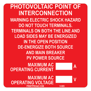 3x3 Photovoltaic Point of Interconnection, Decal Solar Labels, V-005