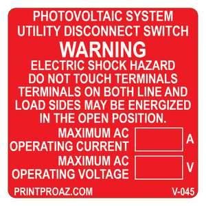 3x3, AC Disconnect Combined Label, Photovoltaic System Utility Disconnect Switch and Warning, Vinyl Decals, V-045
