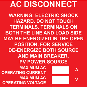 3x3 AC Disconnect, Plastic Solar Labels, PV-111