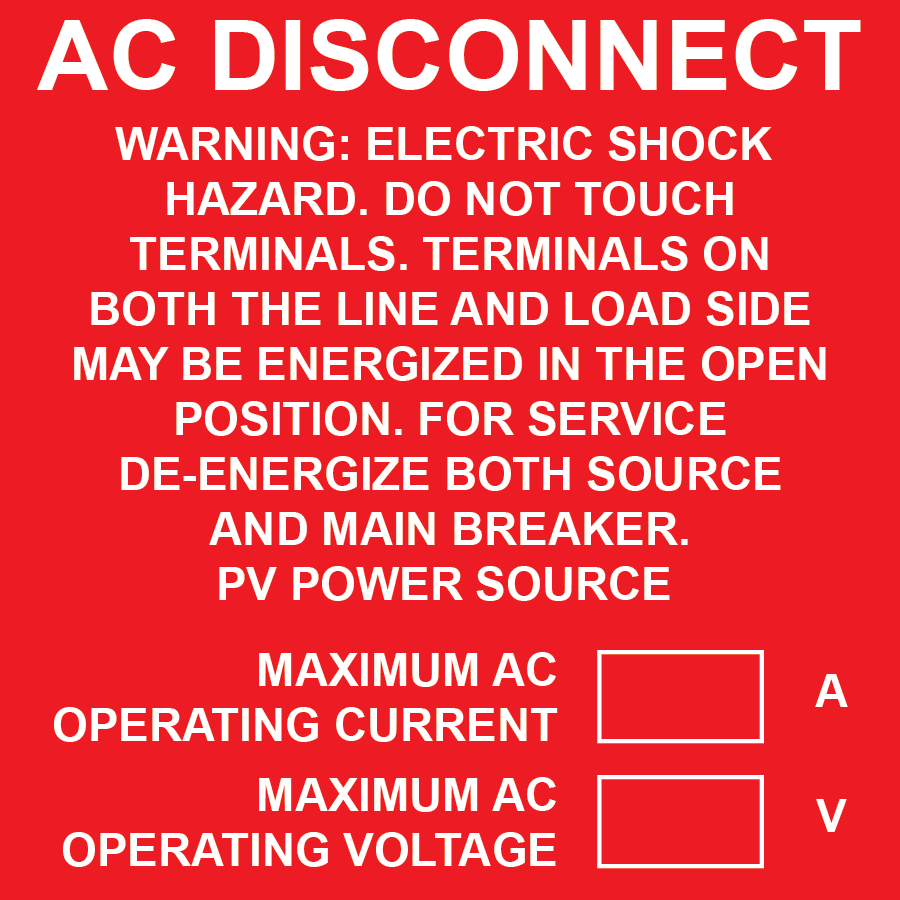 3x3 AC Disconnect, Warning Electric Shock Hazard - Plastic Solar Labels, PV-091