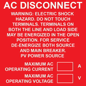 3x3 AC Disconnect, Warning Electric Shock Hazard - Plastic Solar Labels, PV-091