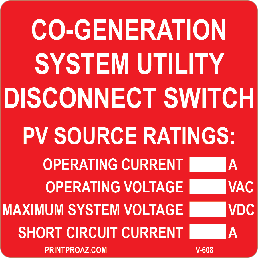 3x3 Co-Generation System Utility Disconnect Switch, Vinyl Solar Labels, V-608