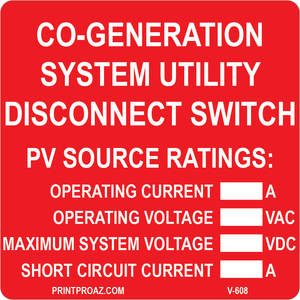 3x3 Co-Generation System Utility Disconnect Switch, Vinyl Solar Labels, V-608