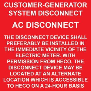 3x3 Customer-Generator System Disconnect, Plastic Solar Labels, PV-202