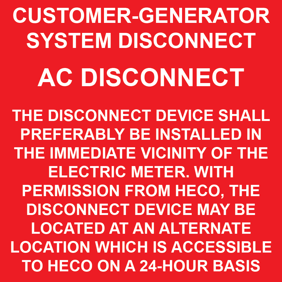 3x3 Customer-Generator System Disconnect, Plastic Solar Labels, PV-202