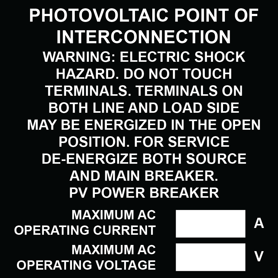 3x3 Photovoltaic Point of Interconnection, Plastic Solar Labels, PV-205