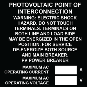 3x3 Photovoltaic Point of Interconnection, Plastic Solar Labels, PV-205