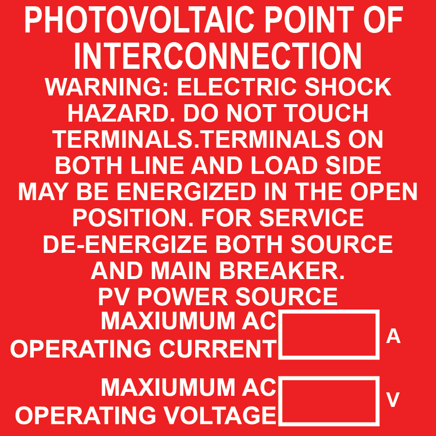 3x3 Photovoltaic Point of Interconnection and Warning, Plastic Solar Labels, PV-011