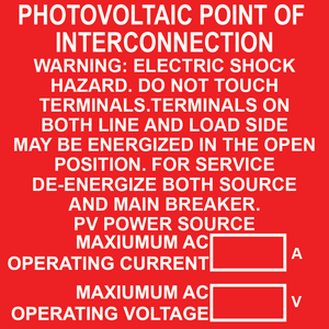 3x3 Photovoltaic Point of Interconnection and Warning, Plastic Solar Labels, PV-011