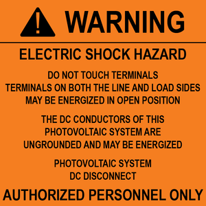 3x3, Warning Electric Shock Hazard, Plastic Solar Labels, PV-481