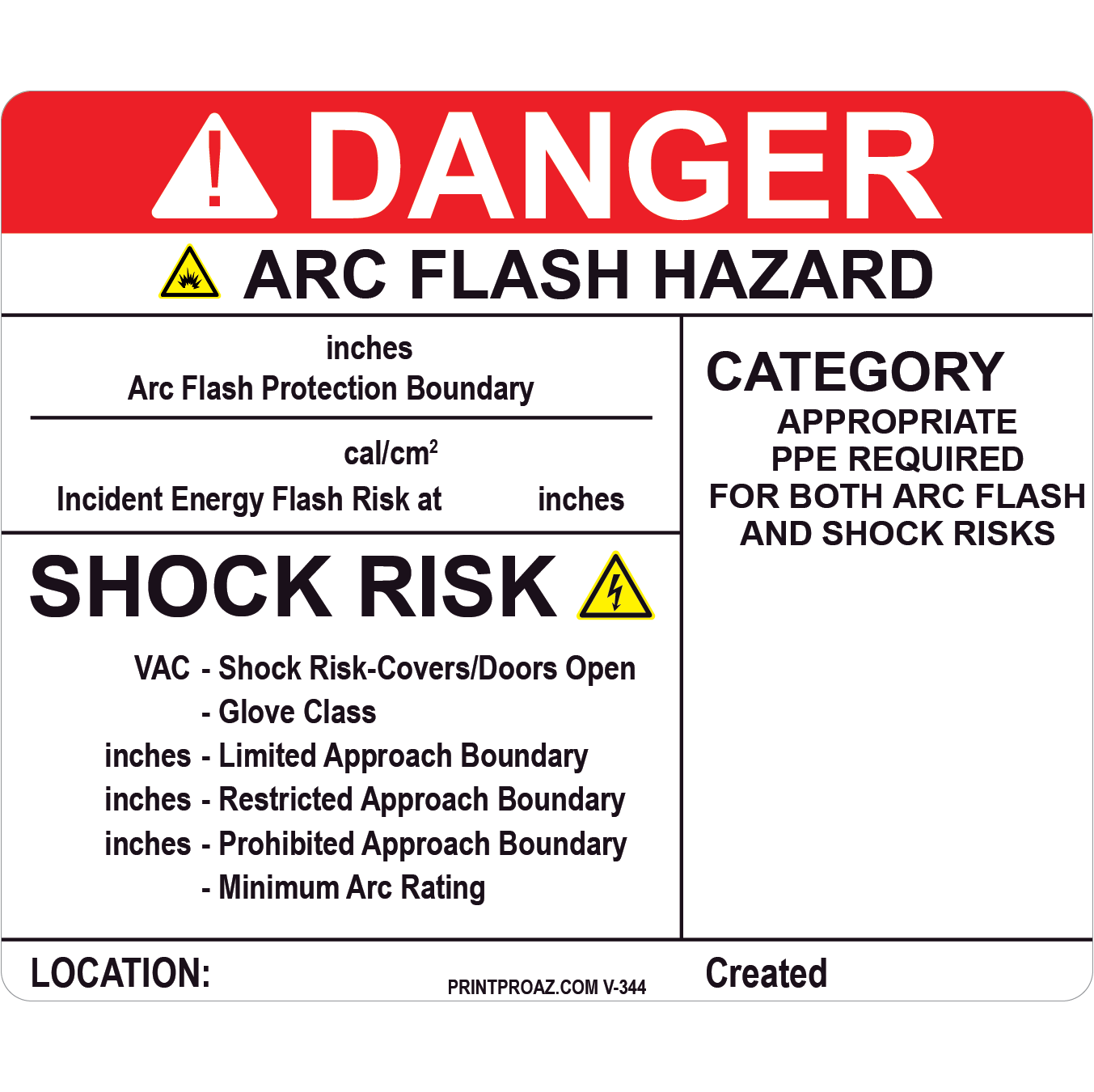 4.5x3.75 Danger Arc Flash Hazard Label, Vinyl Decal, V-344-348
