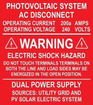 4.5x4, Custom Photovoltaic System AC Disconnect, Plastic Solar Labels, PV-411