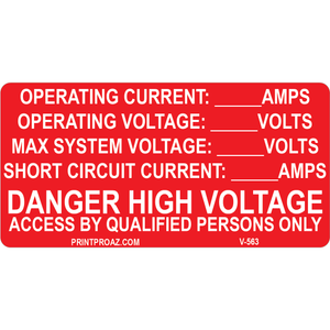 4x2 Danger High Voltage, Decal Solar Labels, V-563