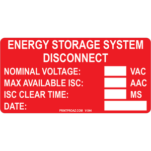 4x2 Energy Storage System Disconnect, Vinyl Decal Solar Labels, V-544