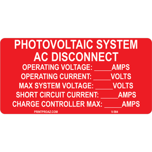 4x2 PV System AC Disconnect, Decal Solar Labels, V-564