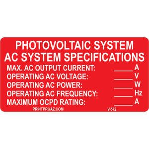 4x2 PV System AC System Specifications, Decal Solar Labels, V-572