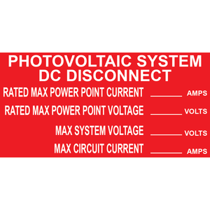 4x2 Photovoltaic System DC Disconnect, Plastic Solar Labels, PV-056