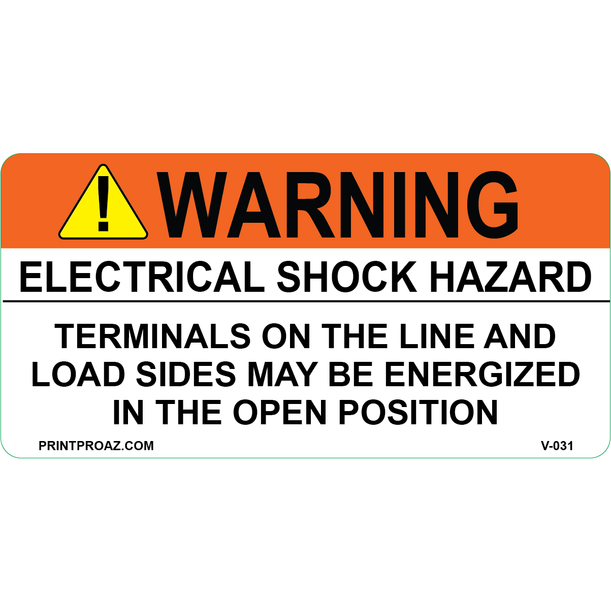 4x2 Warning Electric Shock Hazard, Vinyl Decal, V-031