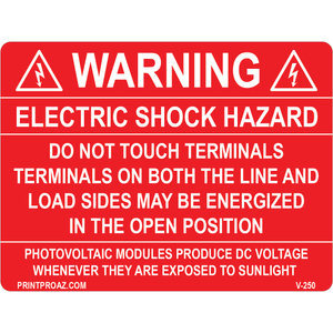 4x3 Electric Shock Hazard, Vinyl Decal Solar Labels, V-250