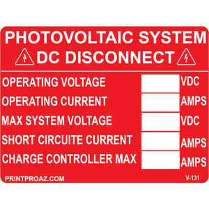 4x3 PHOTOVOLTAIC SYSTEM DC DISCONNECT, Vinyl Decal, V-131
