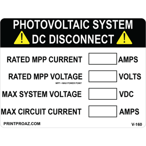 4x3 PHOTOVOLTAIC SYSTEM DC DISCONNECT, Vinyl Decal, V-160