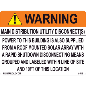 4x3 Warning Main Distribution Utility Disconnects, Vinyl Decal, V-513