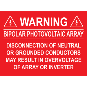 4x3, Warning Bipolar Photovoltaic Array, Plastic Solar Labels, PV-322