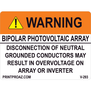4x3 Warning Bipolar Photovoltaic Array, Vinyl Decal Solar Labels, V-293
