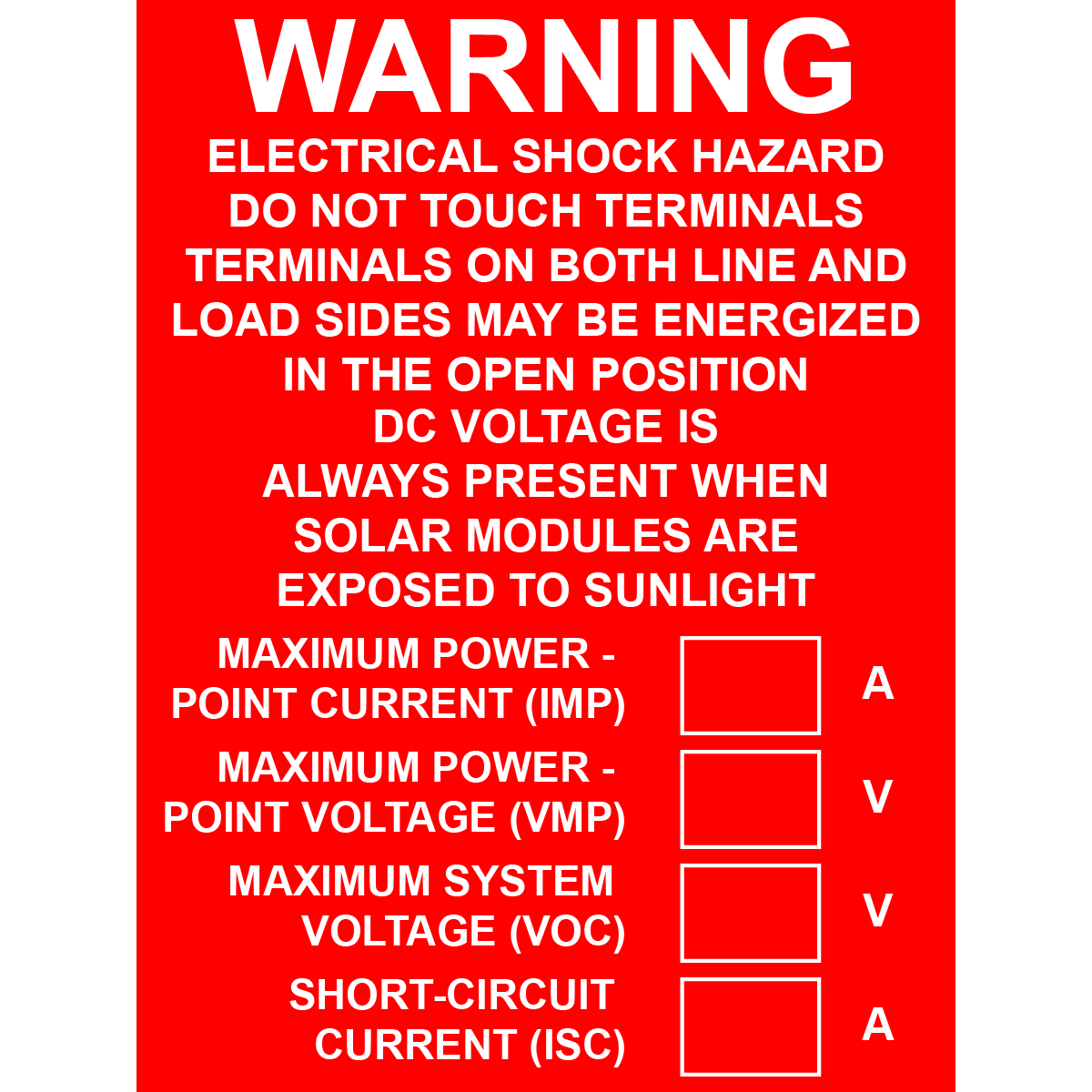 4x3 Warning Electrical Shock and DC Voltage, Plastic Solar Labels, PV-074