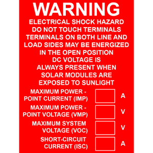4x3 Warning Electrical Shock and DC Voltage, Plastic Solar Labels, PV-074