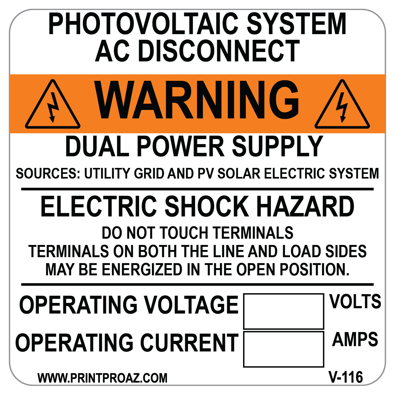4x4 Photovoltaic System AC Disconnect, Vinyl Decal, V-116