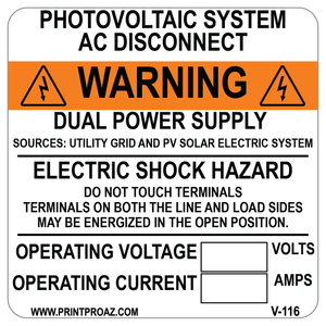 4x4 Photovoltaic System AC Disconnect, Vinyl Decal, V-116